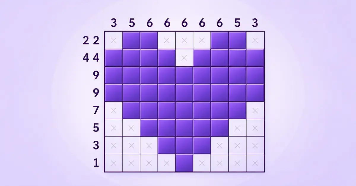 Japanilaisen ristikon numerovihjeillä täytetyt violetit ruudut muodostavat sydämen vaalealla ruudukolla.