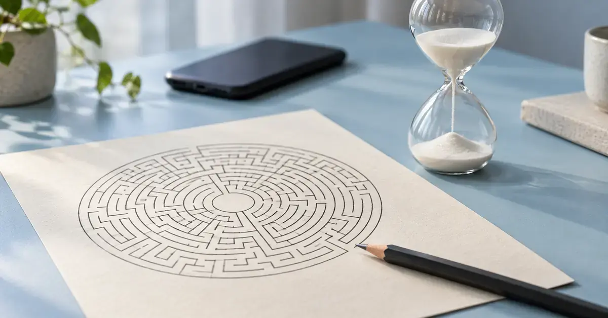 Vaaleansinisellä pöydällä on paperinen labyrinttitehtävä, lyijykynä ja tiimalasi keskittymisharjoitusta varten sekä sivuun asetettu puhelin.