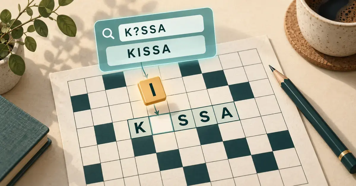 Ristikkosanakirja löytää hakusanalle K?SSA vastauksen KISSA, ja kultainen I-kirjain täydentää ristikon tyhjän ruudun.