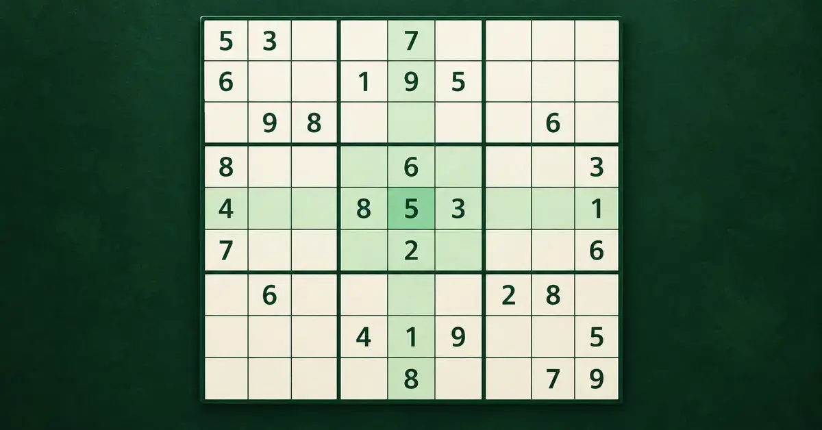 Sudokuruudukko tummanvihreällä taustalla, ja mintunvihreät korostukset näyttävät keskimmäisen rivin, sarakkeen ja 3 × 3 -lohkon sekä niiden keskellä olevan numeron 5.